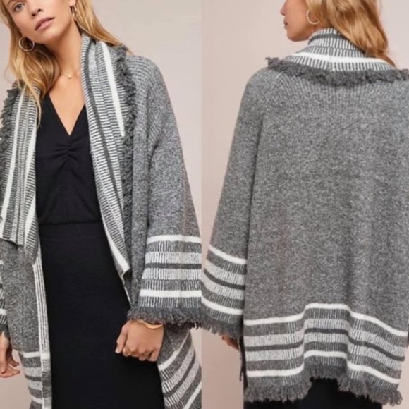 Anthropologie Gray White Portland Collar Kimono Fringe Cardigan